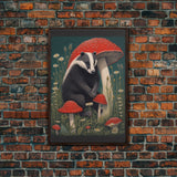 Badger Wall Decor, Cute Badger, Mushrooms Wall Decor, Animal Wall Art, Wall Decor, Canvas Print, Wall Art, Framed Canvas