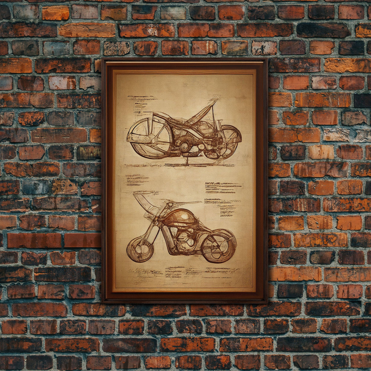 Steampunk motorcycle diagram wall art, canvas print, mancave decor, Da Vinci style diagram motorcycle art, abstract man cave art