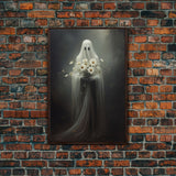 The Ghost With The Flowers, Gothic Halloween Decor, Framed Canvas Print, Scary Horror Art, Goth Decor, Moody Oil Painting, Dark Academia