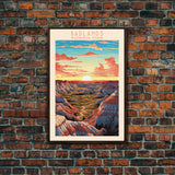 Badlands National Park, Framed Wall Art Canvas Print, Travel Poster, South Dakota Travel Art, Roadtrip Decor, Cool Art, Retro State Park Art