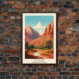 Zion National Park,  Utah Travel Art, National Park Print, Minimalist Travel Art, Midcentury Modern Retro Style Landscape