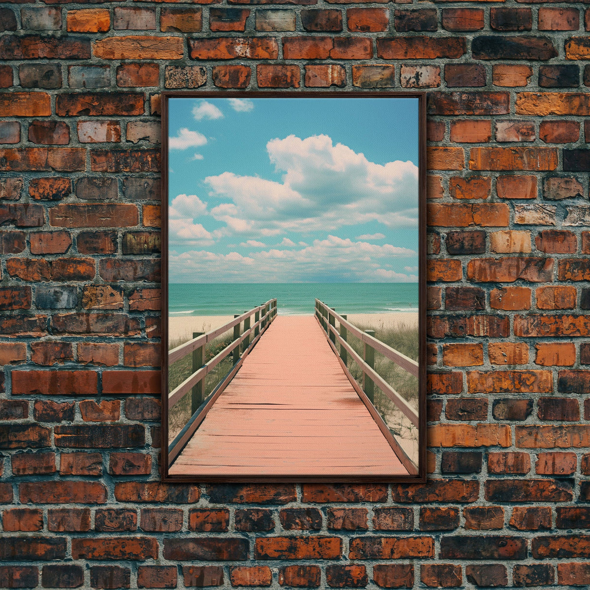 Beach Boardwalk, Vaporwave Summer Vibes, Framed Canvas Print, Retro Midcentury Modern Art, Liminal Art, Minimalist MCM Lakehouse Art