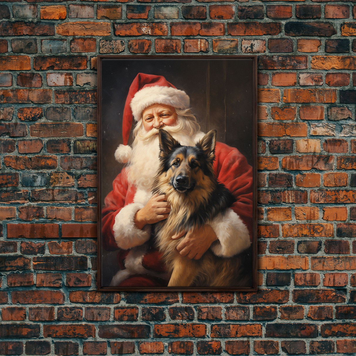 Santa Holding A German Shepherd, Framed Canvas Print, Christmas Wall Art, Xmas Art, Christmas Art Print, Santa Decor, Farmhouse Christmas