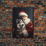 Santa Holding A Siberian Husky, Framed Canvas Print, Christmas Wall Art, Xmas Art, Christmas Art Print, Santa Decor, Farmhouse Christmas