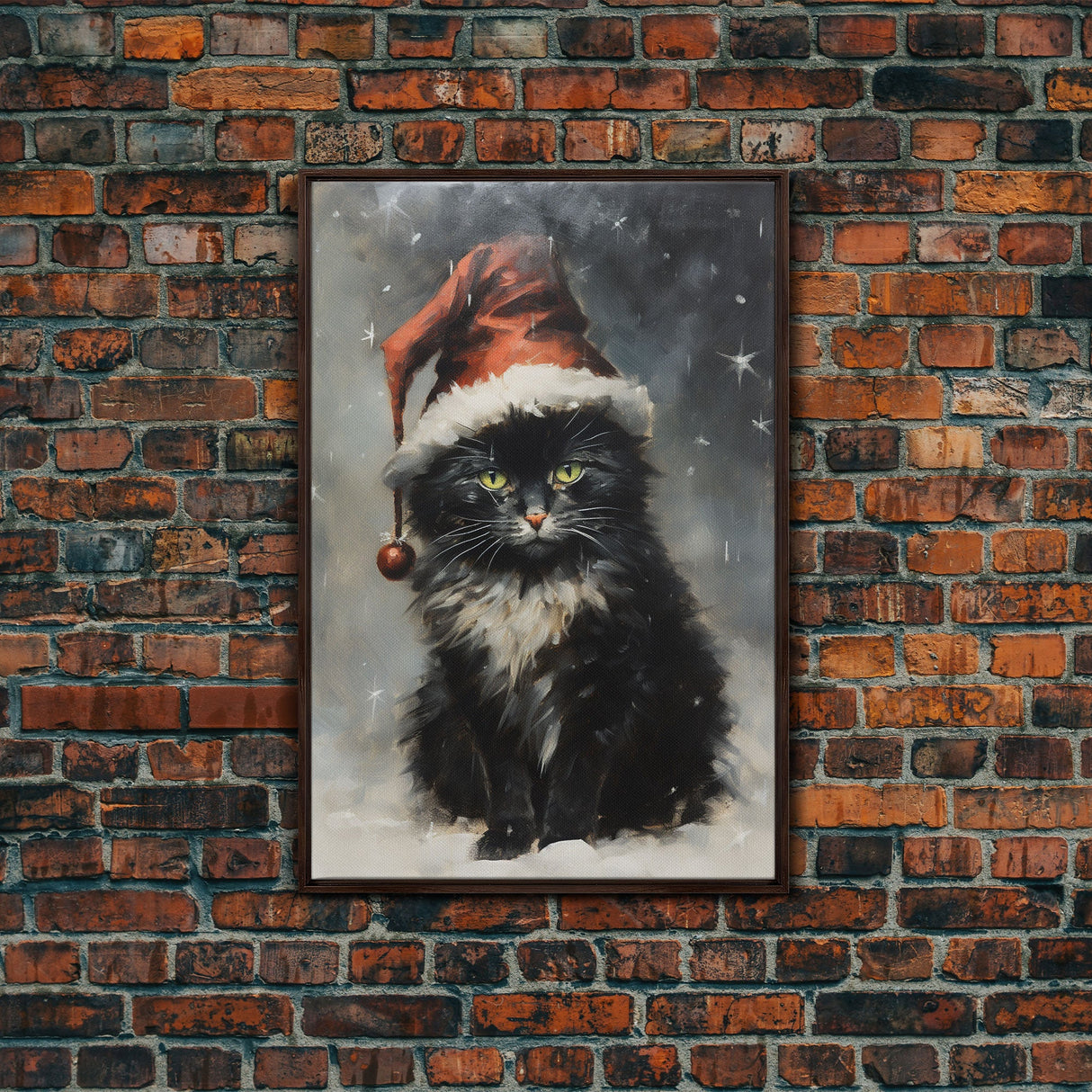 Black Christmas Cat Wearing A Santa Hat, Framed Canvas Print, Christmas Decor, Xmas Wall Art, Holiday Decor, Seasonal Wall Decor