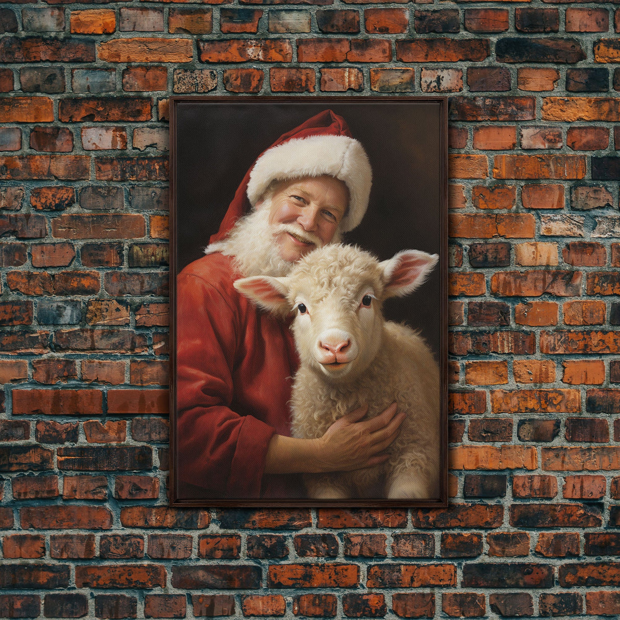 Farmhouse Christmas Decor, Santa And A Little Sheep, Framed Canvas Print, Christmas Wall Art, Xmas Art, Christmas Art Print, Santa Decor