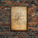 Houston Vintage Map Print, Framed Canvas, Houston Map, Texas Map Art, Houston City Road Map Poster, Vintage Map