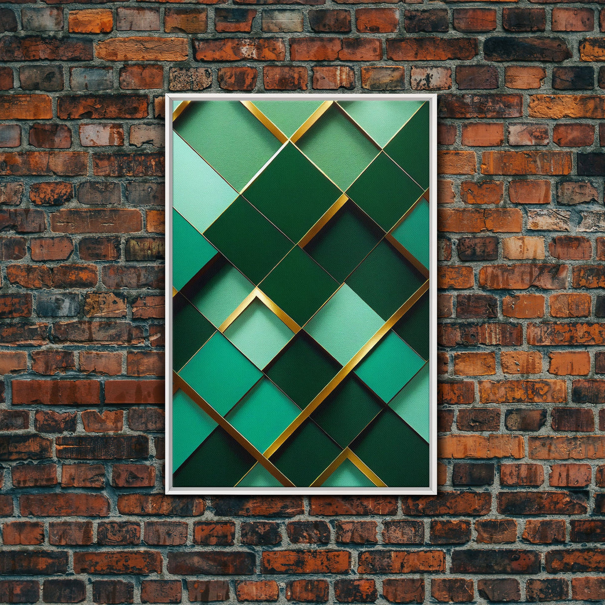 Emerald Green Geometric Abstract Art, Framed Canvas Print, Ready To Hang Framed Wall Art, Living Room Wall Hanging