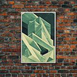 Cubism abstract geometric painting print, green marble shapes, framed canvas print