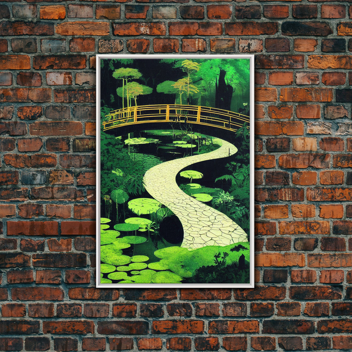 Emerald green Japanese zen garden art, framed canvas print, abstract art