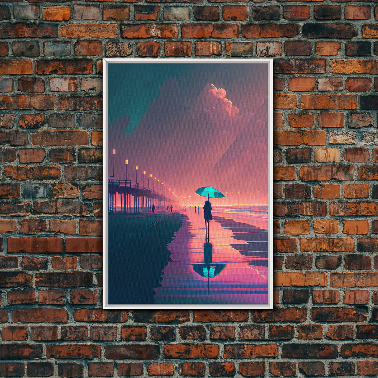 Man With Teal Umbrella Walking On Beach Seashore Pink Fine Art Print, Wall Decor, Wall Poster, Wall Art Print