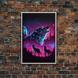 Wolves Howling at the moon, 3 wolf moon, framed canvas print, vaporwave art, Animal art, predator art