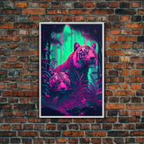 Retro Style Blue Eyed Tiger Art, Framed canvas print, framed wall art, unique colorful animal prints, synthwave style art