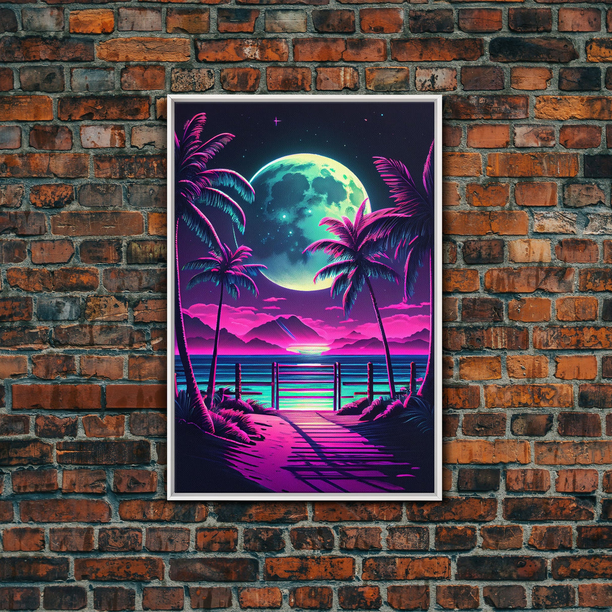 Full Moon over a Florida Beach, Palm Trees, Outrun Style Beach Landscape art, framed canvas Print