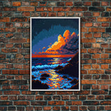 Pixel Art Sunset obscured by clouds, framed canvas print, 8 bit art