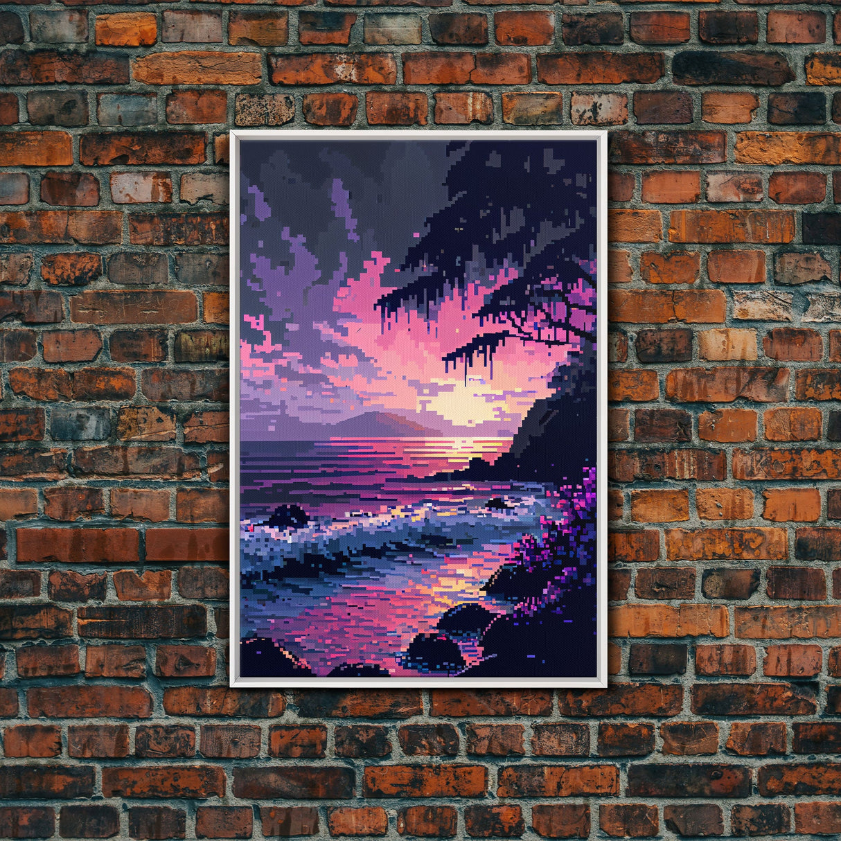 Pink Sunset, Vaporwave Aesthetic pixel art beach sunset, framed canvas print