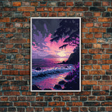 Pink Sunset, Vaporwave Aesthetic pixel art beach sunset, framed canvas print