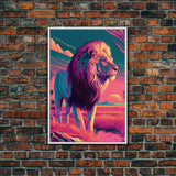 Retro style pastel art, watercolor painting of a lion, framed canvas print, vaporwave aesthetic animal print