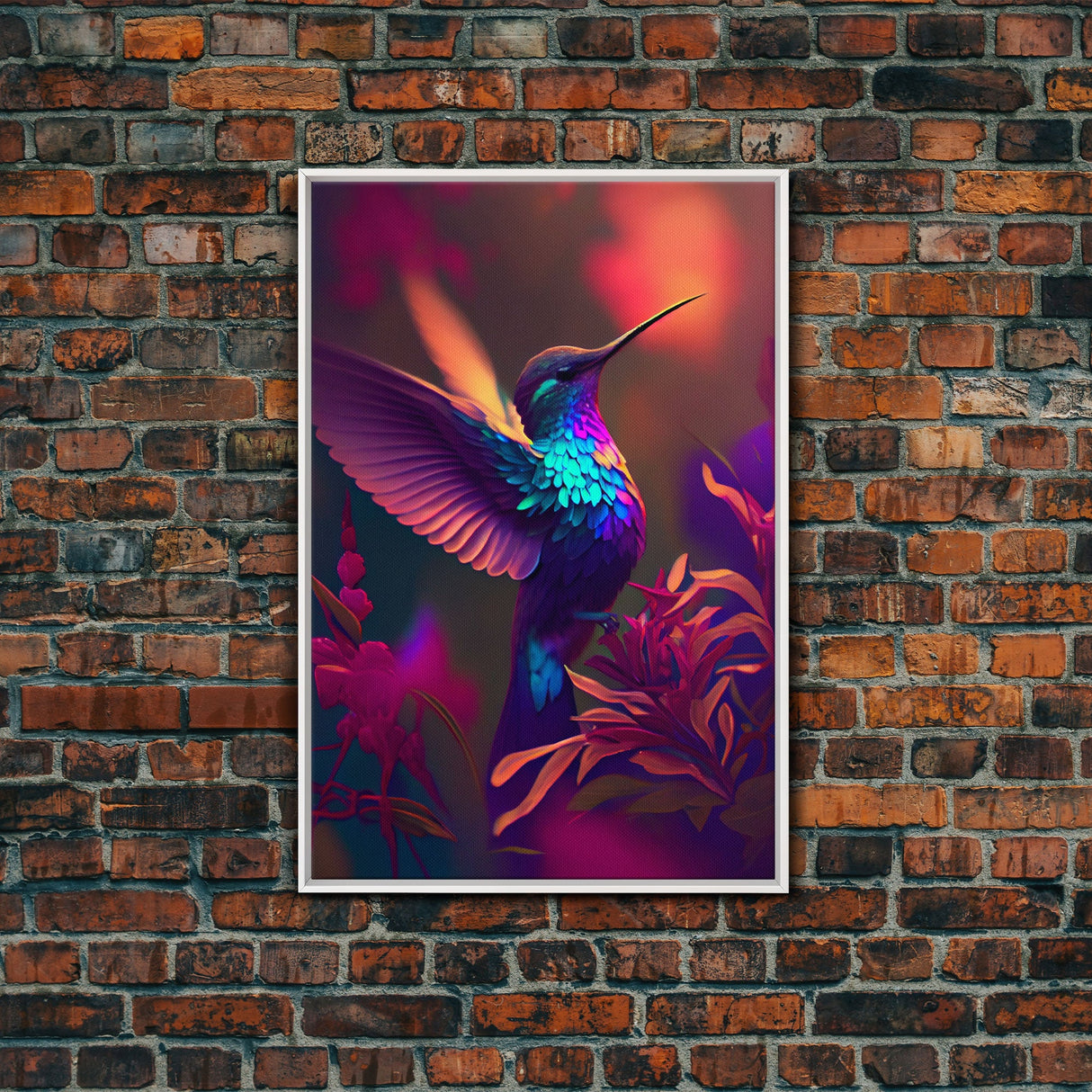 Hummingbird in flight, cute animal print, framed canvas print, colorful retro wave style art