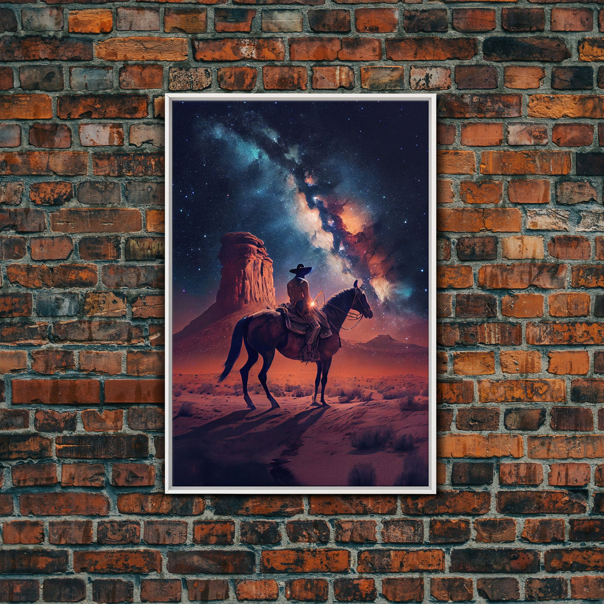 Cowboy contemplating the stars, framed canvas print, wild west art, western decor