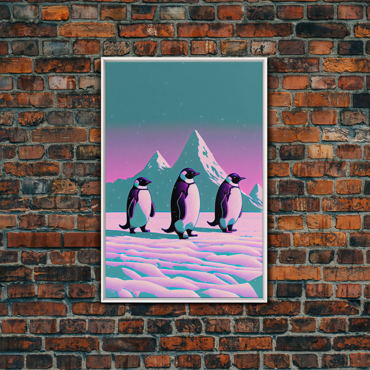 Retrowave Penguins in the Arctic, synthwave style wall art, Antarctica art, framed canvas print, cute animal prints