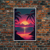 8 bit pixel art sunset, synthwave style palm tree beach, framed canvas print, framed wall art painting