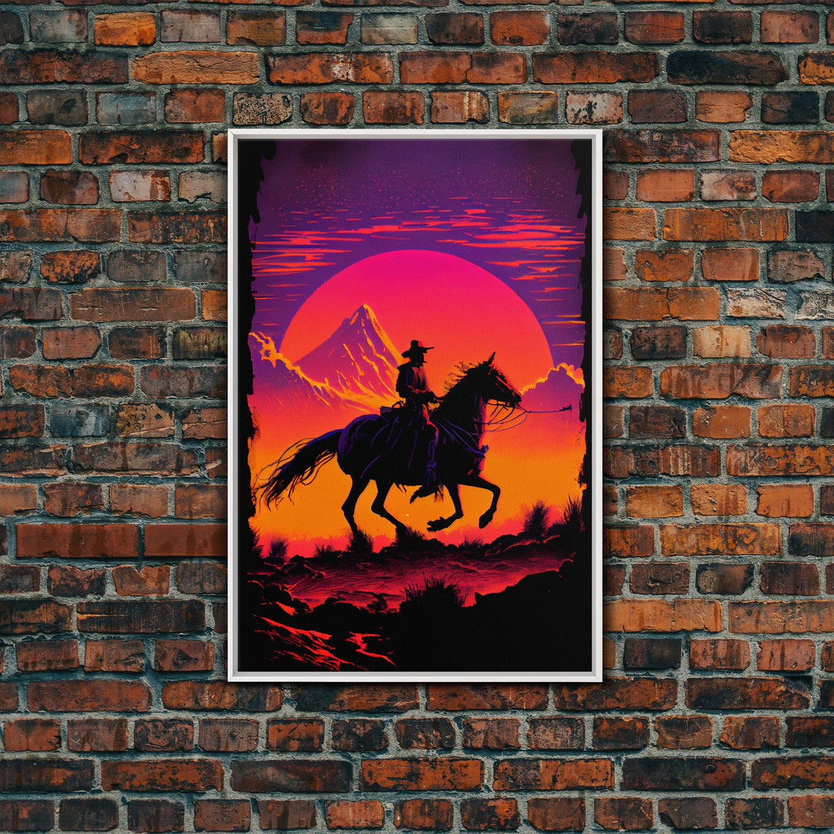 Outrun Style Wildwest Sunset Art, Framed canvas print, framed wall art, retro style western decor