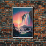 A Mythical Waterfall and Rainbow pouring Into the ocean blue at sunset, framed canvas print