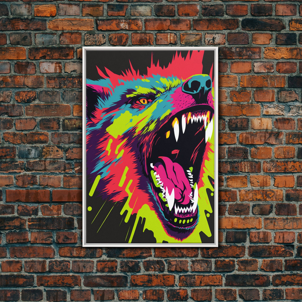 CHOMP! Wolf Bite! Framed Canvas Print, Unique Pop Art Style Animal Print