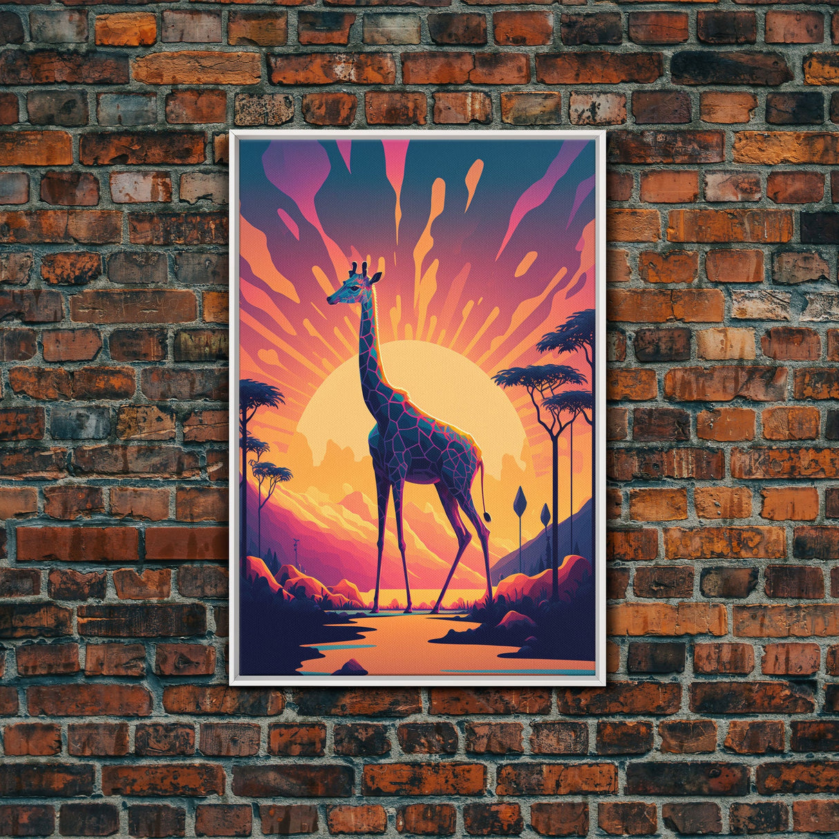 Retro Style Pop Art Giraffe Art, Synthwave Line Art, Framed Canvas Print, 80s Style Art, Outrun Style Animal Prints