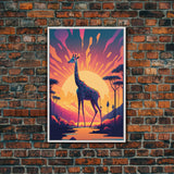 Retro Style Pop Art Giraffe Art, Synthwave Line Art, Framed Canvas Print, 80s Style Art, Outrun Style Animal Prints