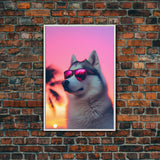 Siberian Husky In Pink Sunglasses Wall Print, Beach Art, Dog Print, Dog Portrait, Framed Wall Art, Framed Canvas, Wall Print, Wall Canvas