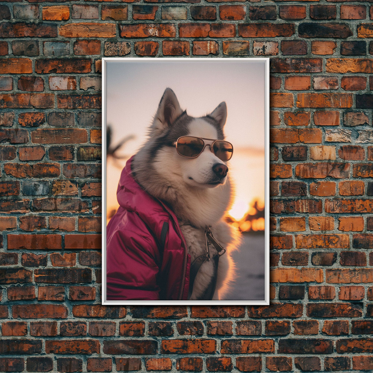 Siberian Husky In Pink Jacket Sunglasses Wall Print, Beach, Dog Print, Dog Portrait, Framed Wall Art, Framed Canvas, Wall Print, Wall Canvas