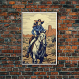 Western Cowgirl Deco, 24x36 Canvas Print, Equestrian Wall Art, Cowboy Decor, Southwestern Art, Wild West Retro Decor, Western Comic Book Art