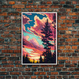 Pacific Northwest Forest Landscape Wall Art, Framed Canvas Print, Pink Cloudy Sunset Sky, Abstract Landscape Framed Art