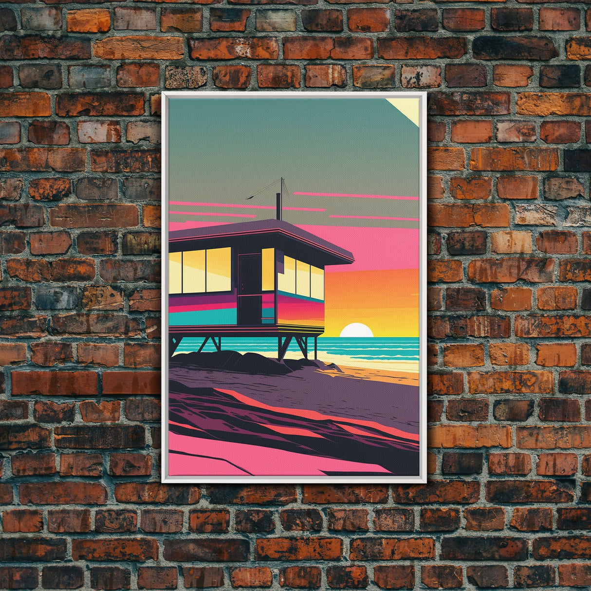 Synthwave Sunset Beach California Lifeguard Hut Framed Canvas Print, Retro Style, 80s Vibes, Turquoise Beach Art