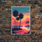 Framed Canvas Print - Art Deco Sunset, Beaches, Minimalist Palm Trees, Retro Synthwave, Vaporwave, 80s Vibes, Gamer Art, Bar Decor