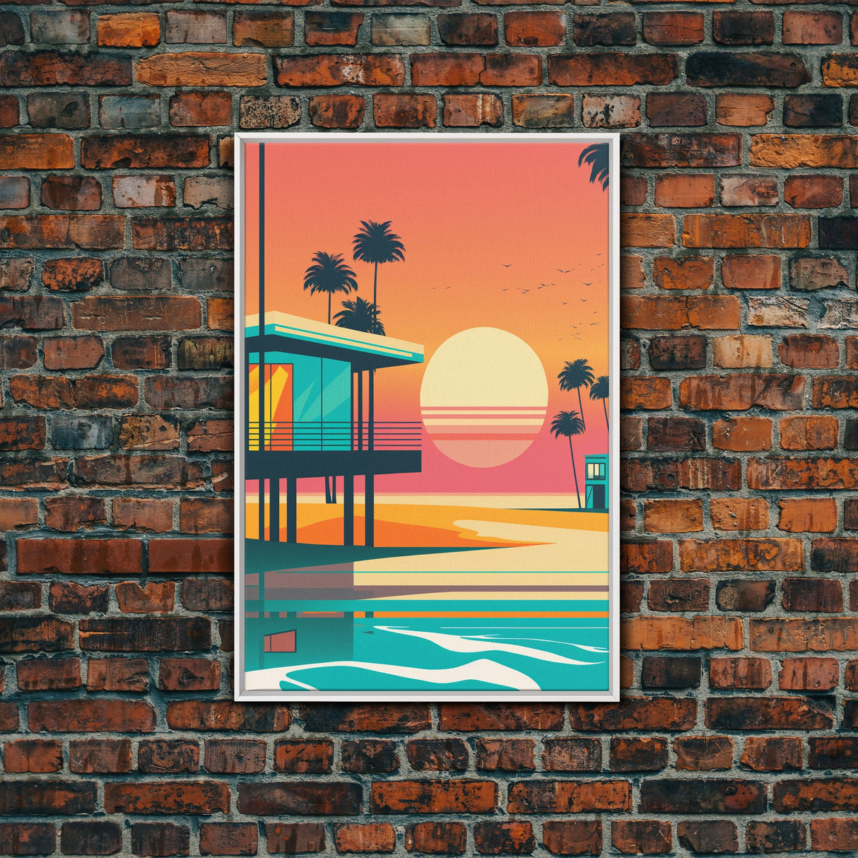 Art Deco Sunset Beach Canvas Print, Minimalist Retro Palmtree Vibe, Vaporwave Art, 80s Retro Vibes, Miami Inspired Art