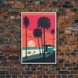 Retro Synthwave Art Deco Sunset Framed Canvas Print, Beaches, Palmtrees, Minimalist Style, Framed Art, Miami Art, California Decor