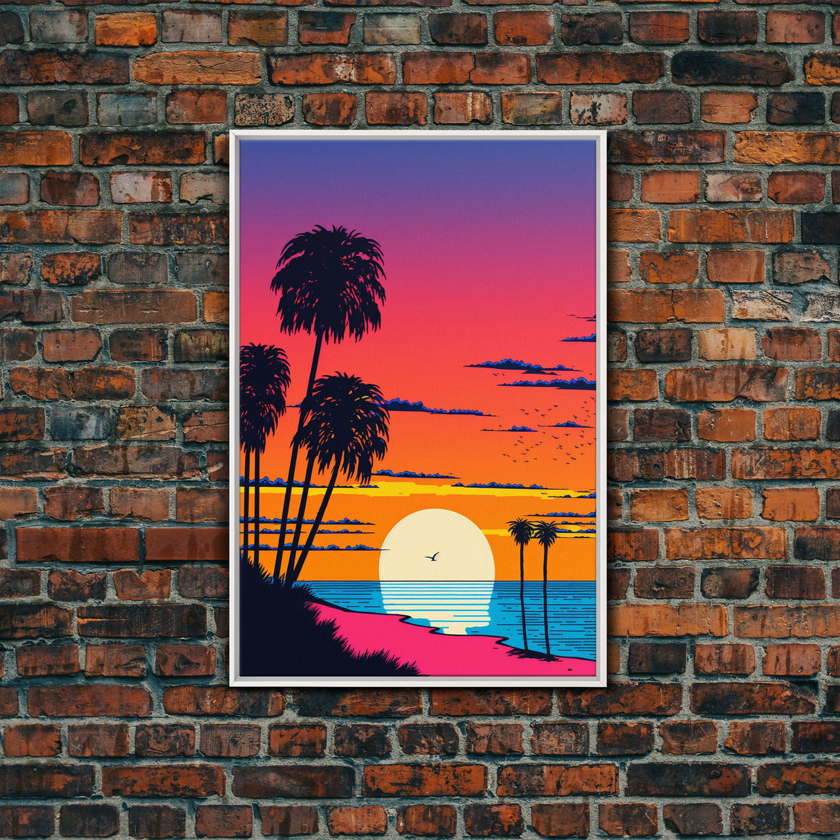 Framed Canvas Print - Art Deco Sunset, Beaches, Minimalist, Palmtrees, Retro Style, Synthwave, Vaporwave, 80s Style Decor, Palme Trees