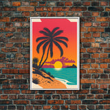 Framed Canvas Print - Art Deco Sunset, Beaches, Minimalist Palm trees - Island Vibes - Retro Tropical Art - Pop Art Beach Decor