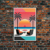 Framed Canvas Print - Art Deco Sunset, Minimalist Beach, Palm Trees, Retro Style, Synthwave, Vaporwave, Minimalist Abstract Decor