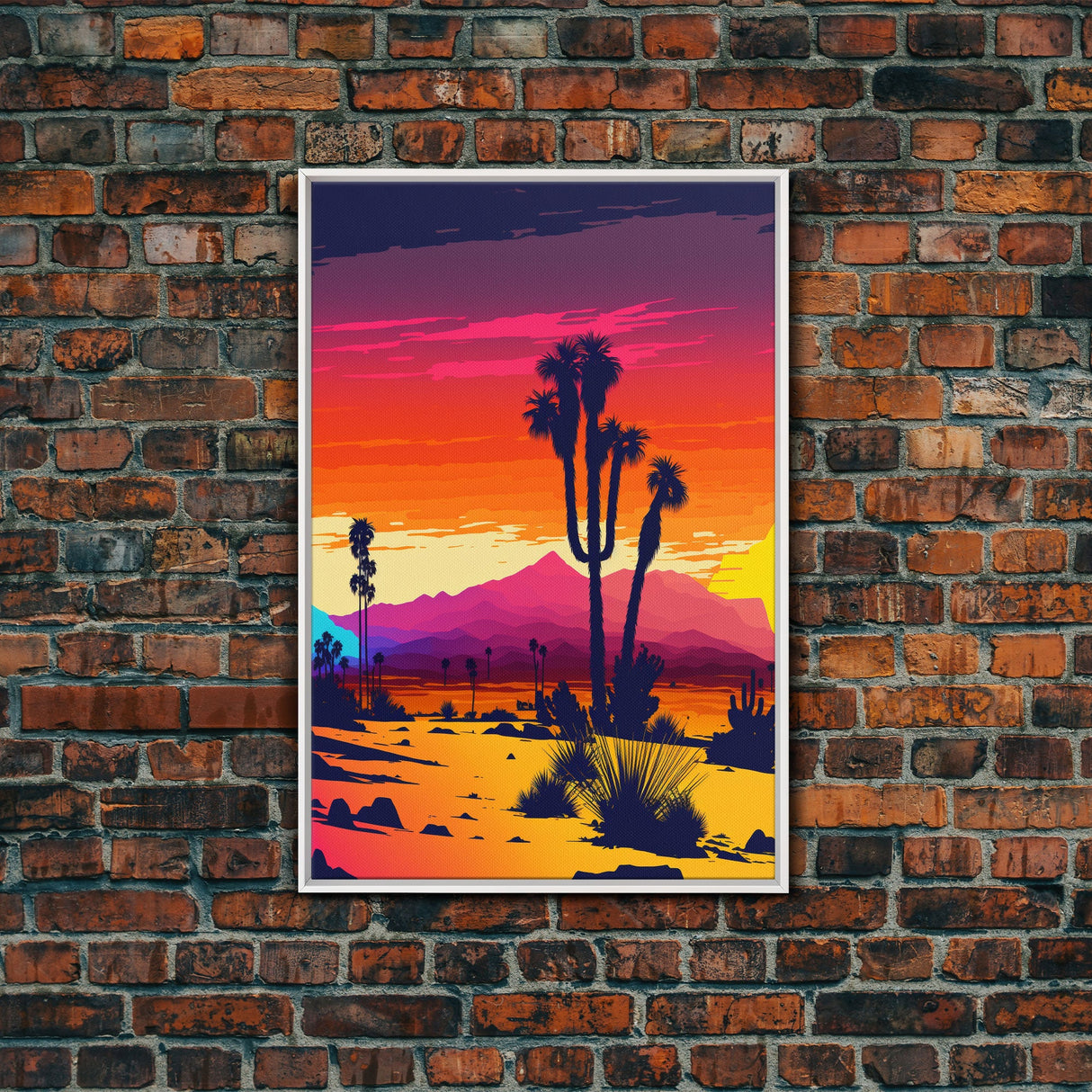 Retro Desert Art, Pop Art Style, Framed Canvas Print, Retrowave, Western Decor, Wild West Art, Cactus Prints