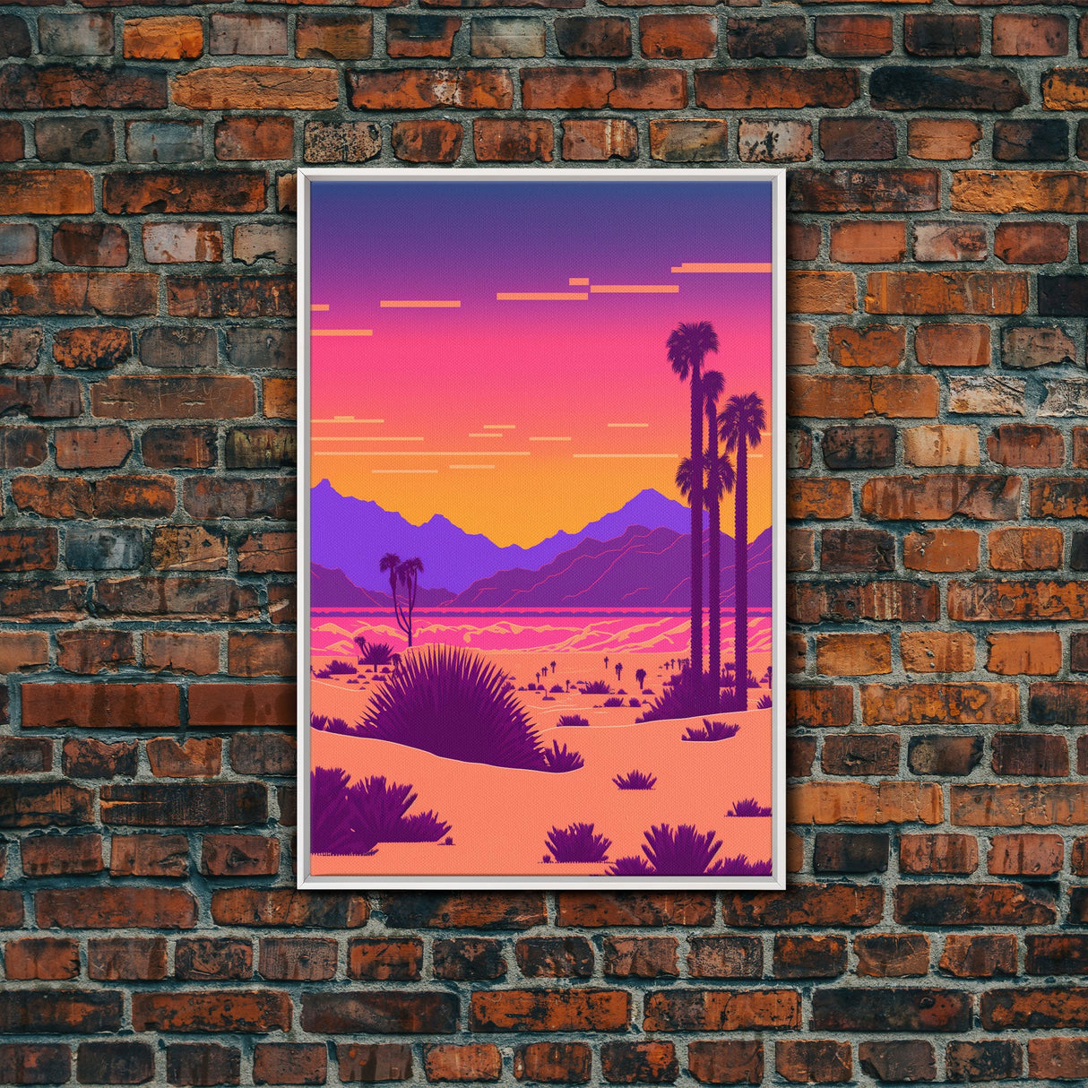 Retro Outrun Style Desert Landscape Print, Framed Canvas Art, Synthwave Style, Southwestern Decor, Western Art, Guest Room Decor