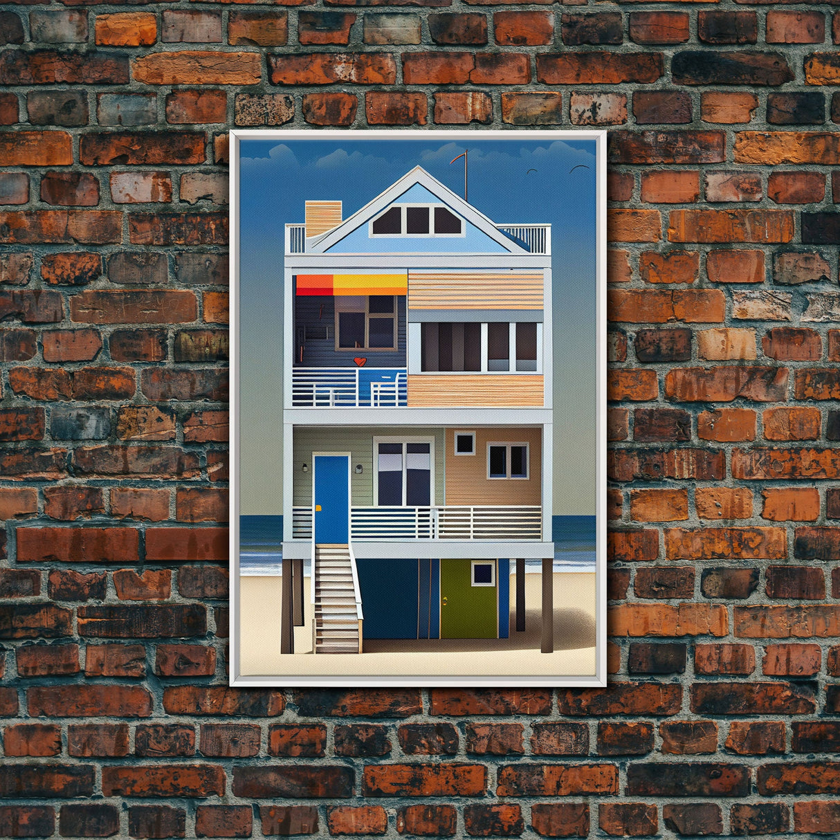 Whimsical Beach House Art, Framed Canvas Print, Cute Retro Beach House Painting, Wall Art