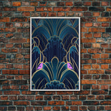 Midcentury Modern Wall art, Framed Canvas Print, Art Deco, Patterns art, Abstract nature, Blue & gold art, Lines art, Colorful painting