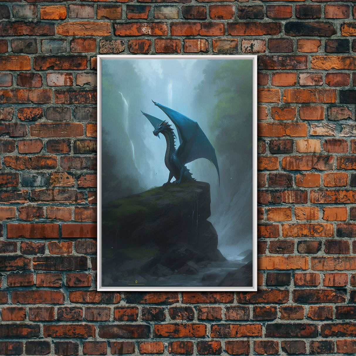 Majestic Forest Dragon Wall Art, Framed Canvas Print, Dragon Fantasy Painting, Forest Dragon Behind Secret Waterfalls Abstract Fantasy Art