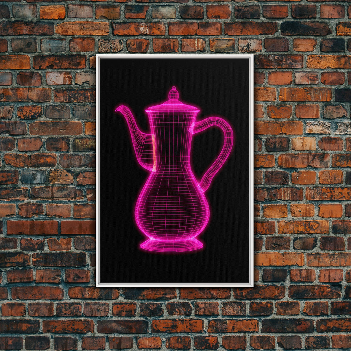 Pink 3D Cofee Pot Wall Art, Kitchen Wall Decor, 3D Art, Neon Lights, Minimalist Print, Wall Decor, Canvas Print, Wall Art, Framed Canvas