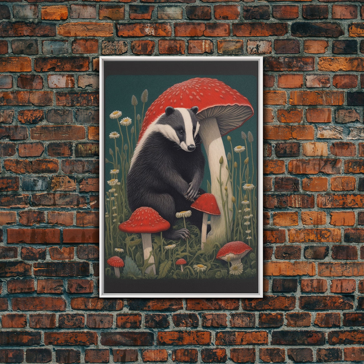 Badger Wall Decor, Cute Badger, Mushrooms Wall Decor, Animal Wall Art, Wall Decor, Canvas Print, Wall Art, Framed Canvas