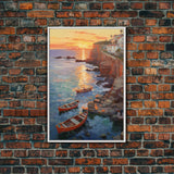 Seaside Town, Boat Wall Art, Ocean Print, Sunset Wall Art, Canvas Print, Wall Art, Vertical Art, Watercolor Art, Couple Gift, Travel Print